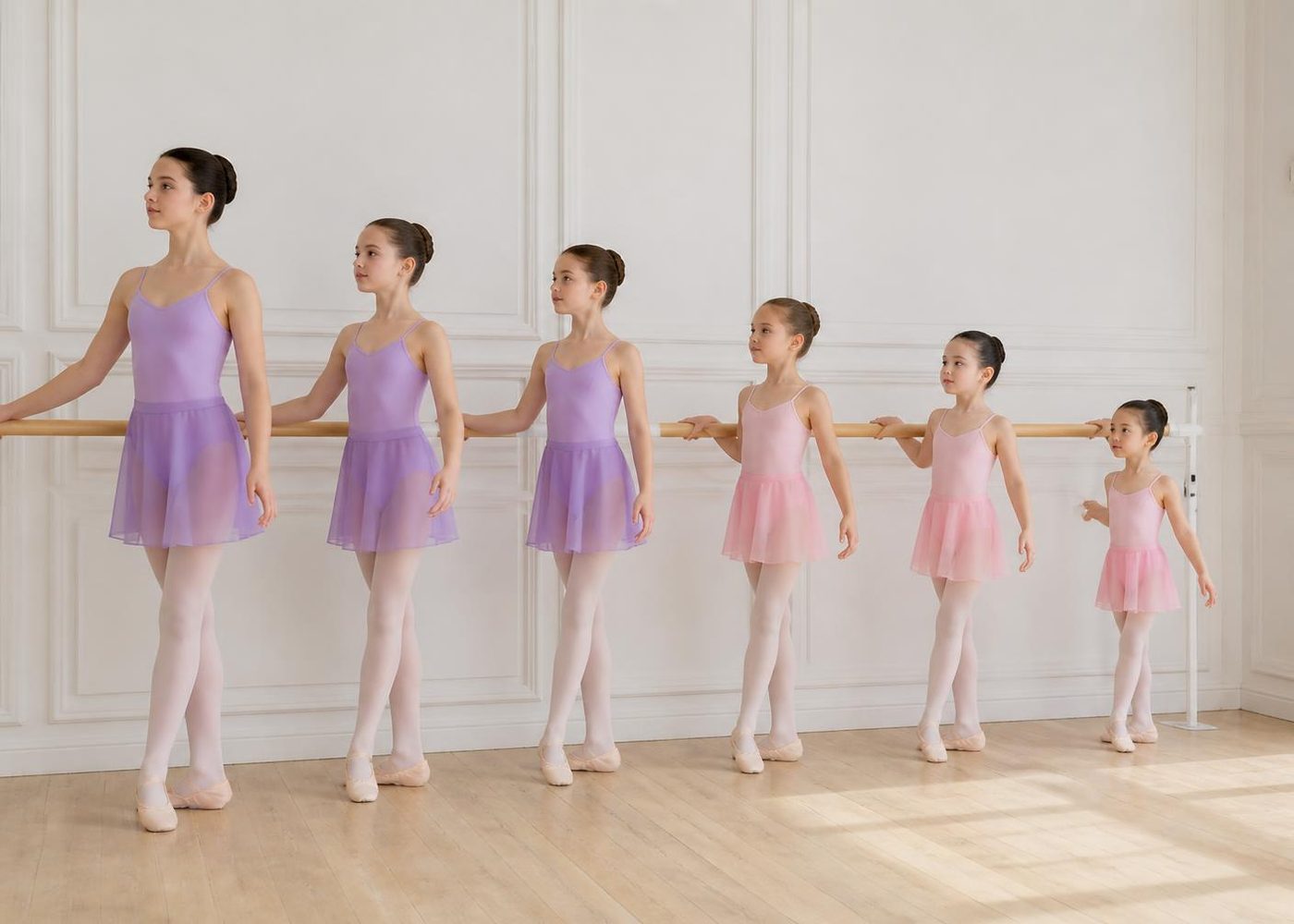 Balletleerlingen in balletpakje met rokje, panty en balletschoenen aan de barre