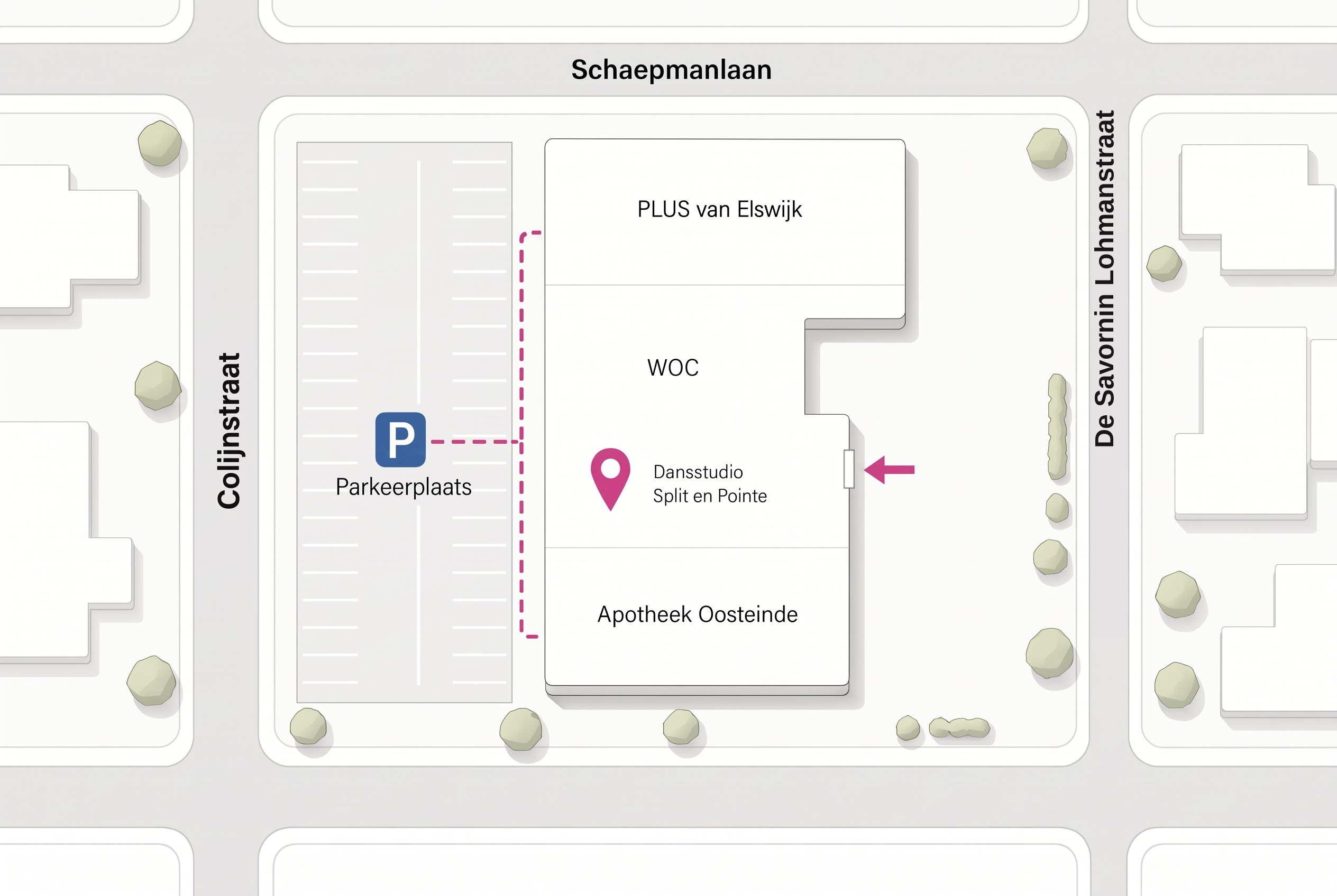 Routekaart naar Dansstudio Split en Pointe aan de Colijnstraat 82-84 in Nunspeet, met de parkeerplaats, het WOC, de PLUS van Elswijk, de Apotheek Oosteinde en de ingang aan de zijkant van het gebouw